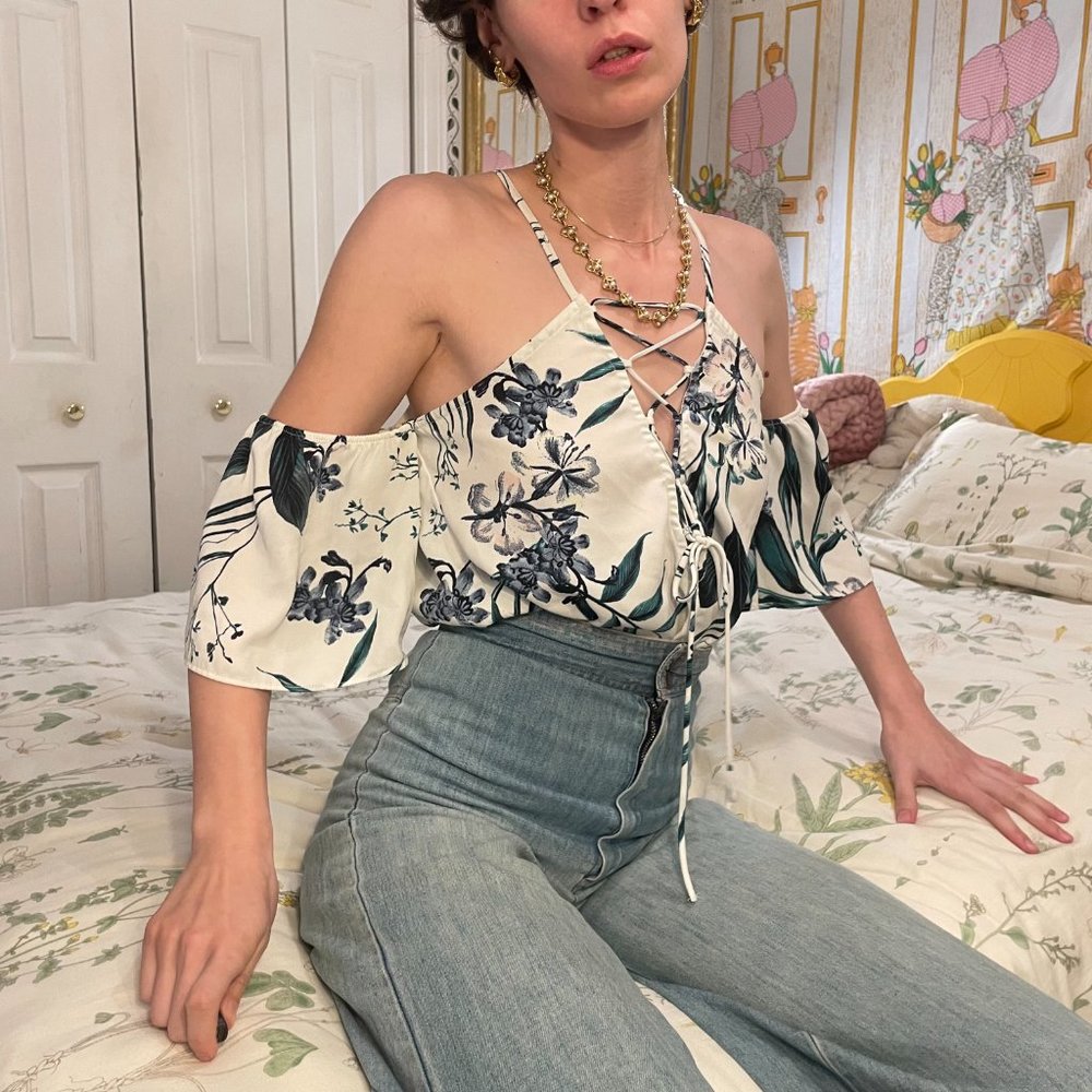 Off the shoulder tropical white and green blouse with bell sleeves!